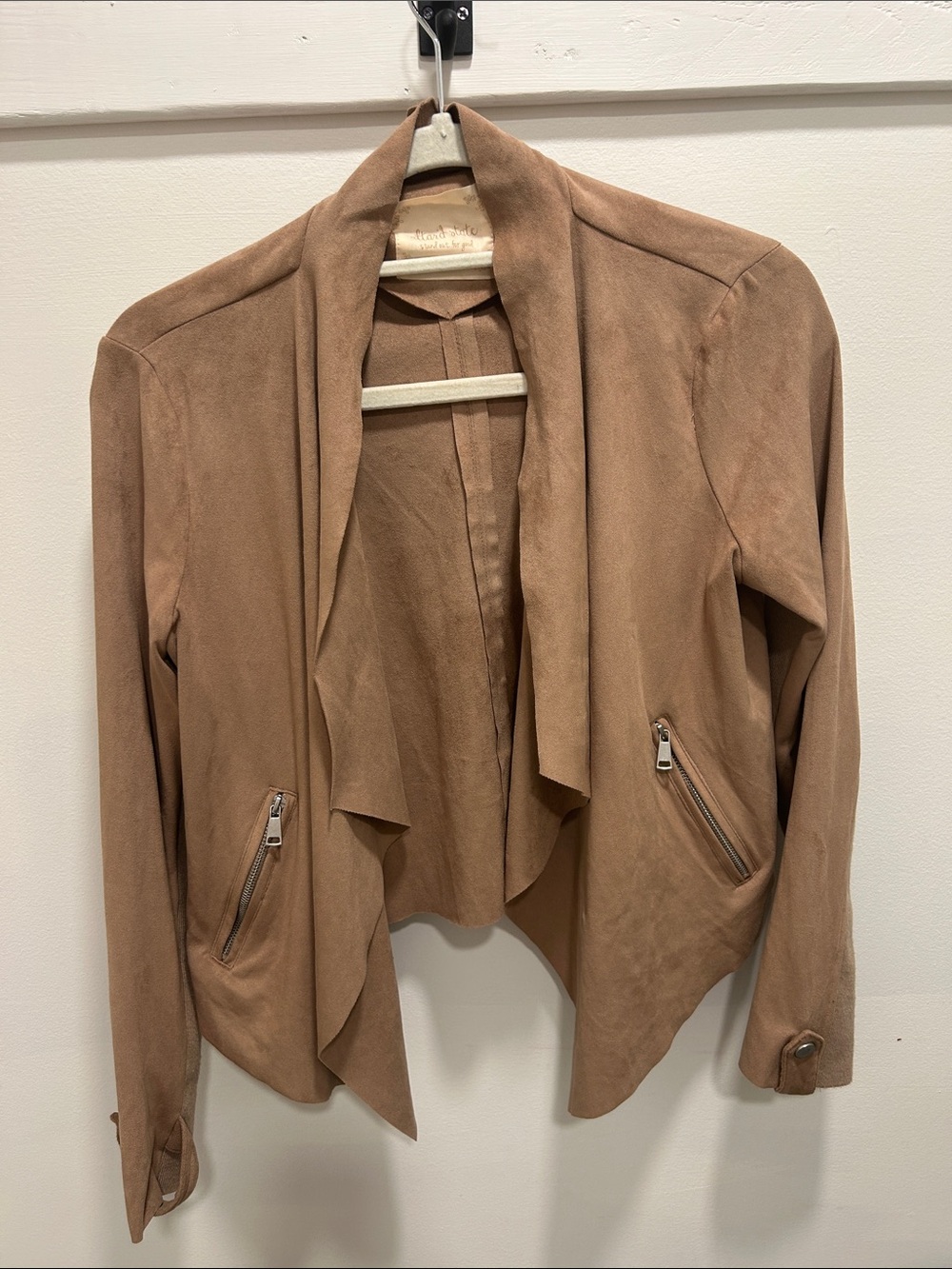 Alter’d State Faux Suede Draped Open-Front Jacket in Light Brown